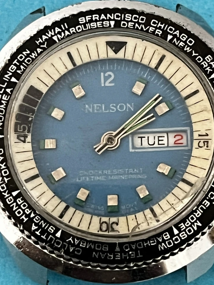 Lord Nelson World Time Day Date Blue Dial 40mm Vintage Watch Original 4 repair - Image 2 of 4