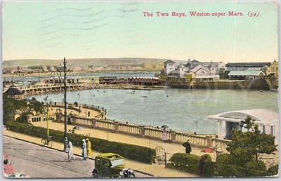 Weston-Super-Stute Vintage Postkarte Zwei Buchten Auto Somerset England