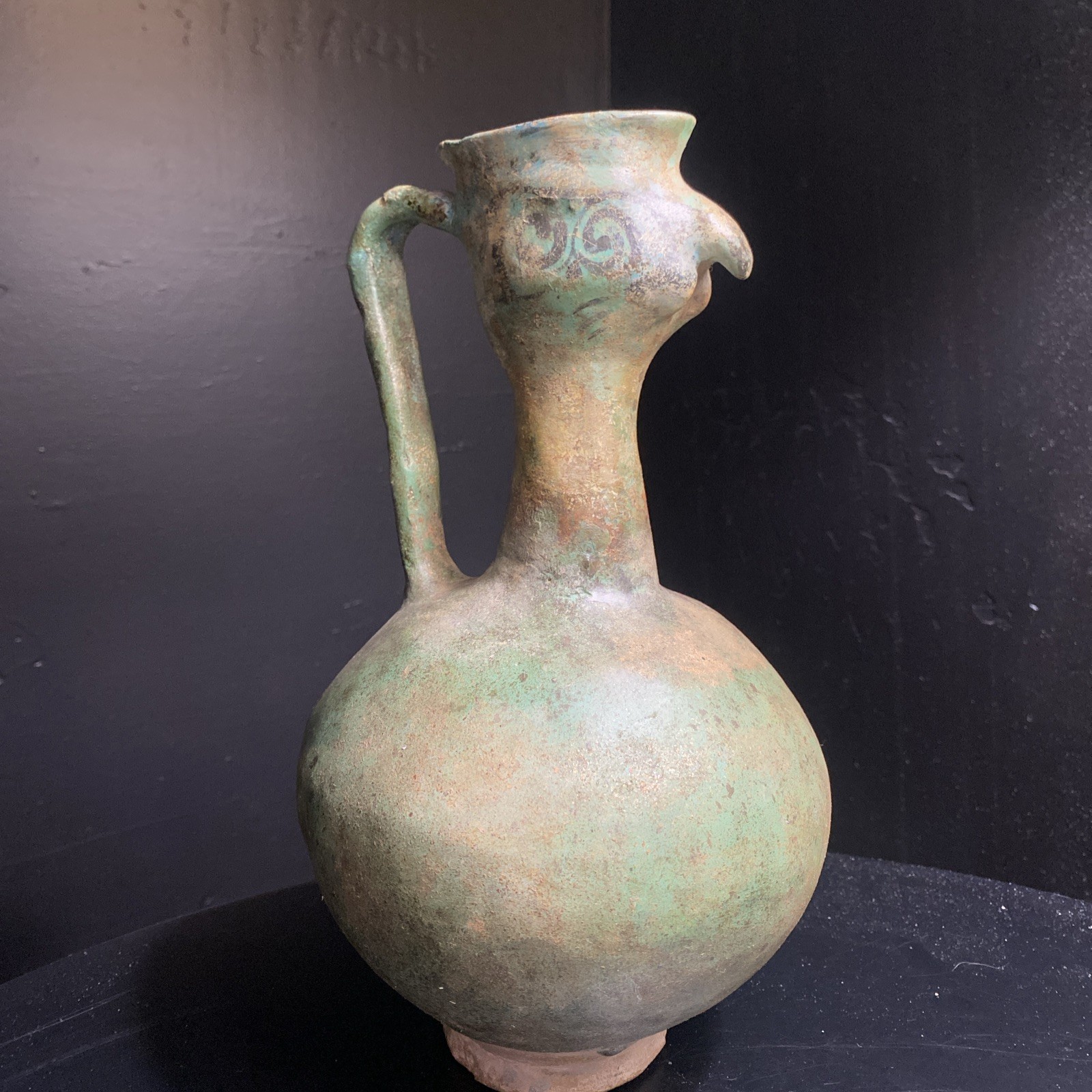 Antique Green Glazed Islamic Persian 11” Bird Wine Ewer W Provenance