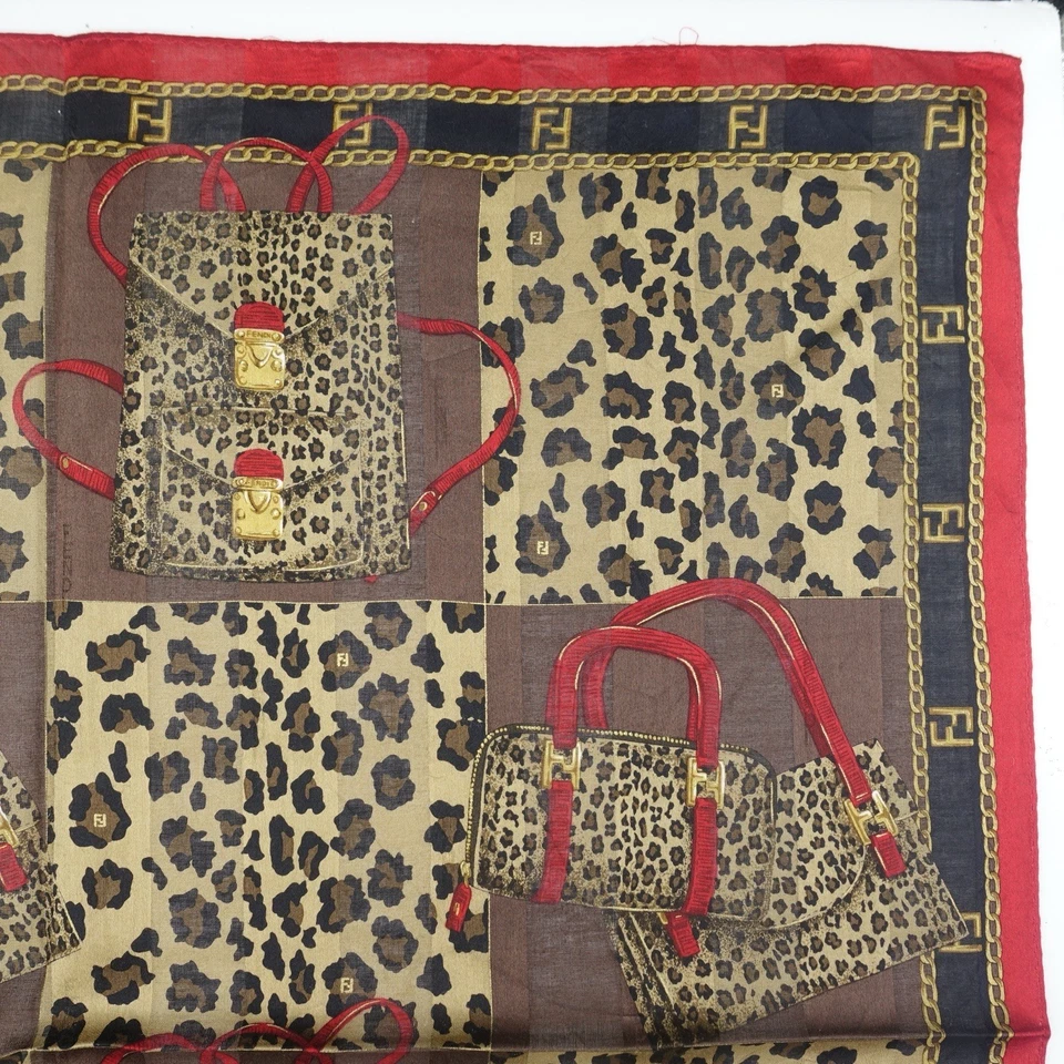 HK04- Fendi Roma Marrón Leopardo Bolso Pañuelo Logo Algodón Bufanda 22.5"x22.5" Foto 3 de 4
