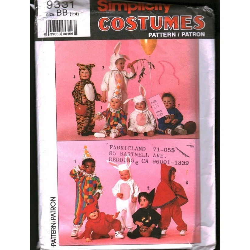 Simplicity 9331 Babies Toddlers Costume Pattern Clown Bunny Tiger