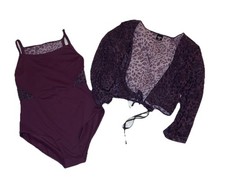Bloch Girls Leotard And Wrap Set, Leopard Trim, Size 14, Plum, Burgundy, Purple
