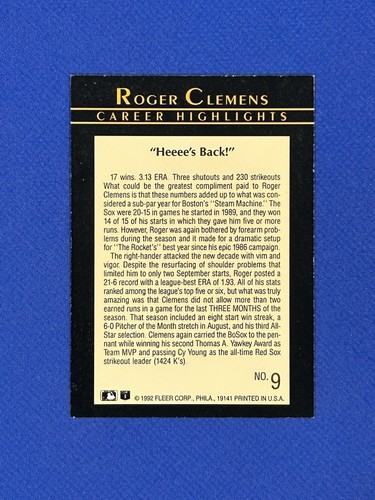 Roger Clemens 1992 #9 Fleer Career Highlights Autograph Red Sox Auto Signed - Picture 2 of 2