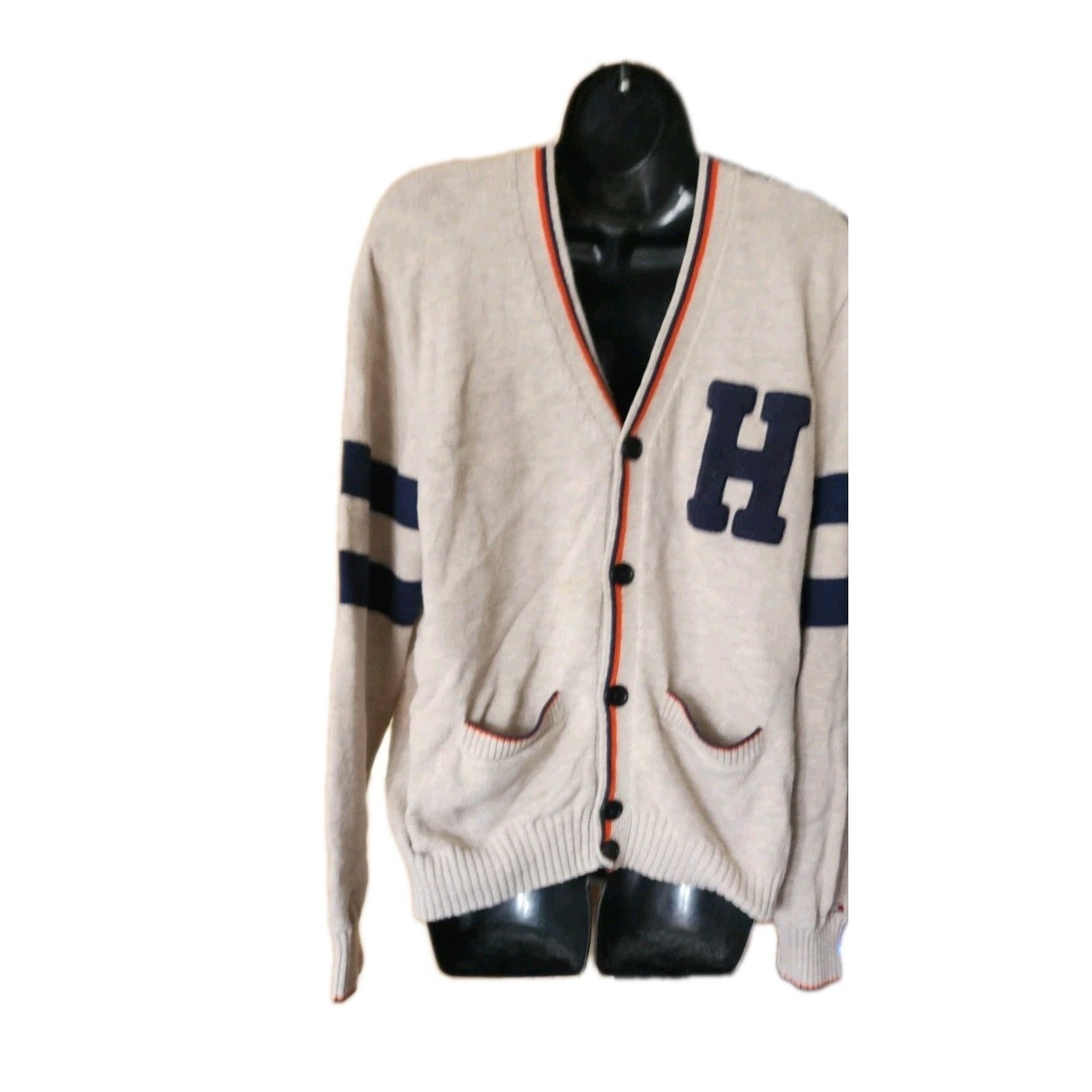 Mens Vintage Tommy Hilfiger Sweater Knitted Cardigan Medium Rare Varsity Style image 2