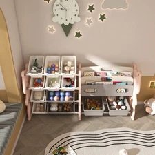 Kids Toy Storage Organizer w/2 Tier Bookshelf 12 Toy Bins for Playroom Kids Room