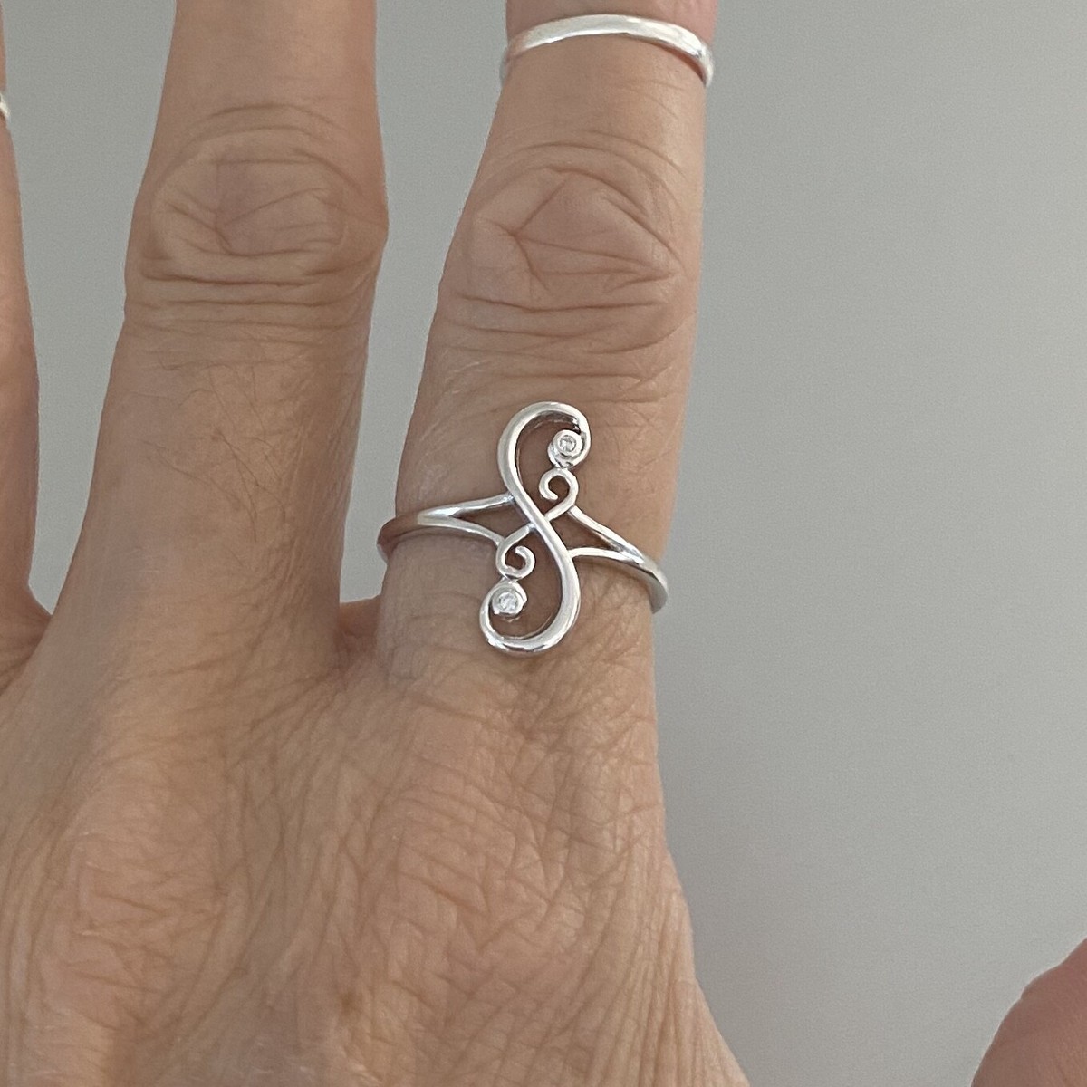 Sterling Silver Swirl S Shape Ring with Clear CZ, Silver