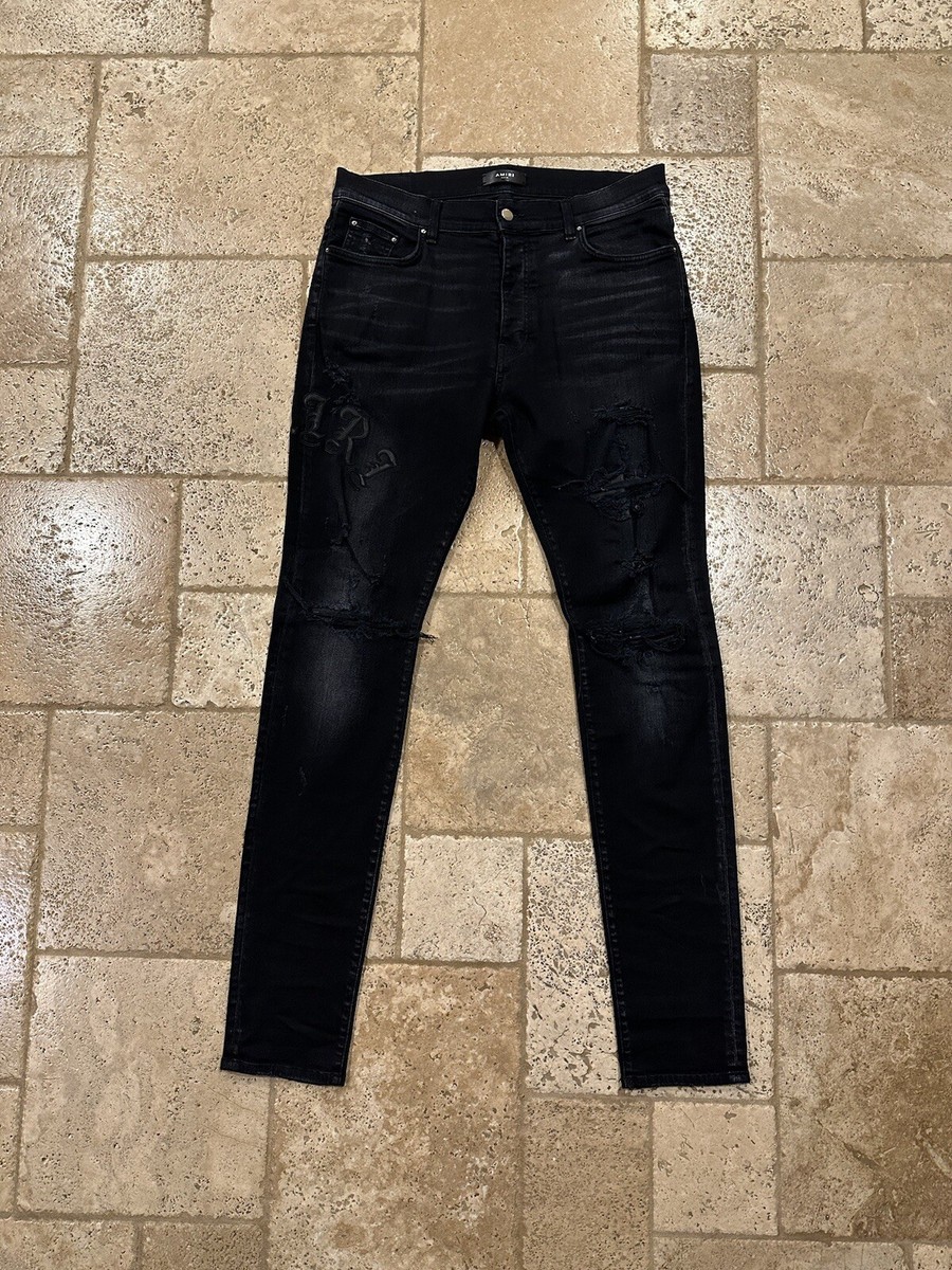 Amiri Old English Leather Logo Clay Black Denim Jeans | eBay