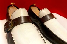 $749.00 !! PRADA LUXURY MEN'S DARK BROWN WHITE LEATHER LOAFERS SHOES  SIZE 7