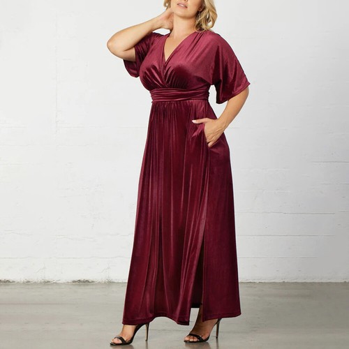 Plus Size Women Velvet V Neck Maxi Dress Ladies Evening Cocktail Party Long Gown - Picture 13 of 22