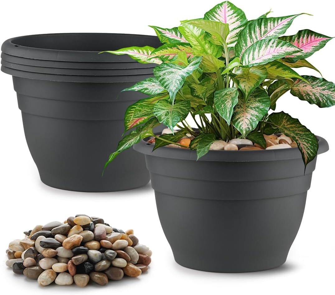 5 Packs Plant Pots with 5 LB River Rocks, 10 Inch Planters with Drainage Hole
