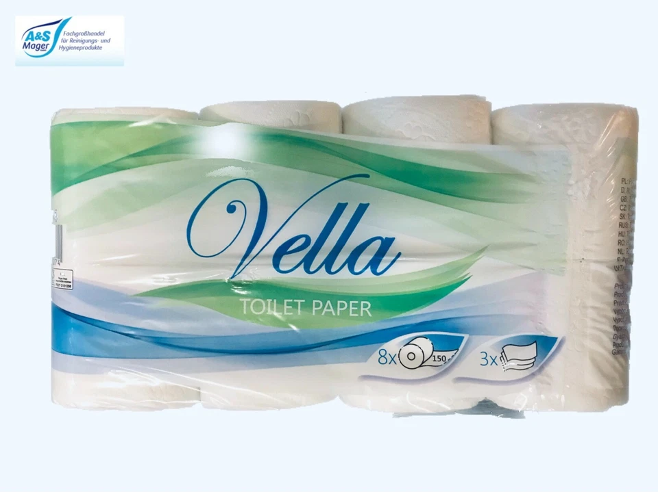 8/16/32/64 Rollen Vella Toilettenpapier 3-lagig hochweiß WC-Papier 150 Blatt