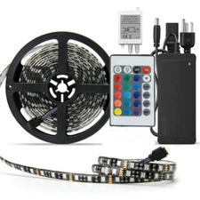 5M 5050 RGB LED Strip Light Waterproof Black PCB with Remote Adapter Full Kit