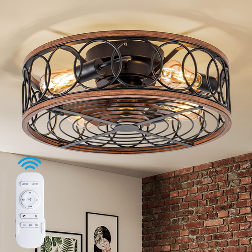 Farmhouse Ceiling Fans with Lights and Remote, 20'' Low Profile Caged Lighting w