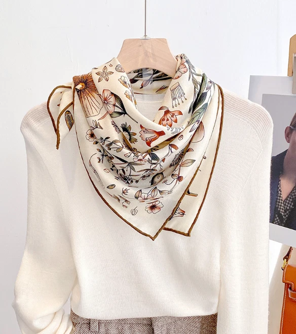 70% Cashmere 30% Silk Shawl Scarf flower Print Neckerchief 65X65cm Bandana wrap  - Image 3 of 4