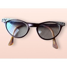Vintage 1950s Art-Craft Aluminum Cat Eye Glasses   Frames with Floral Inlay