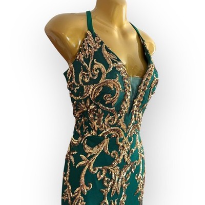 green emerald velvet dress Sherri hill Hot Fixed Plunge Dress 55519 main image 1