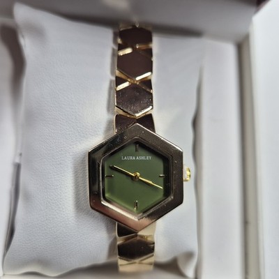 Laura Ashley Damenuhr 24 mm geometrisches Sechseck Armband gold grünes Zifferblatt neu im Karton