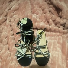 Black Silver Rhinestone Strappy Block Heel Sandals Buckle Ankle Strap Women
