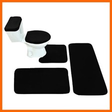Long Bath Rug Set with Toilet Lid Cover and Tank Cover Set Black