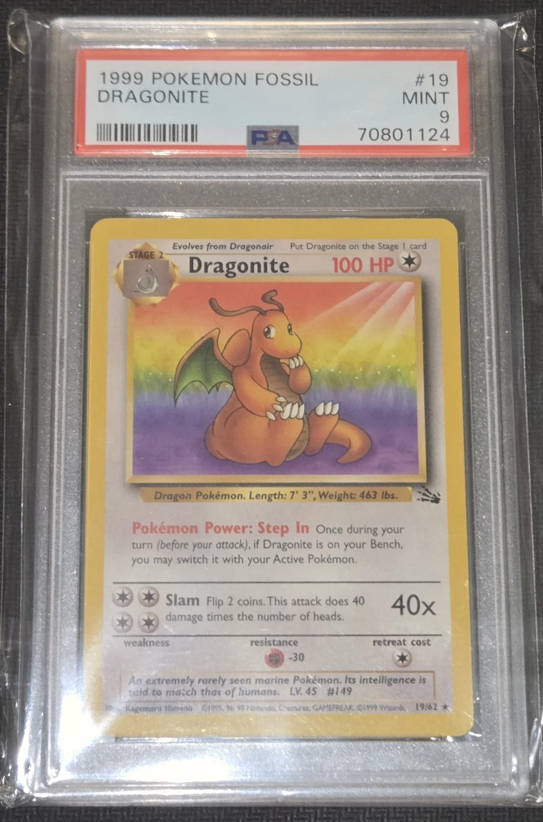 PSA 9 Mint 1999 Pokemon Dragonite Fossil Set 19/62