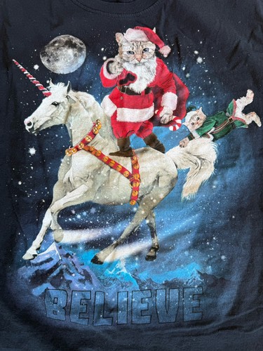 Dec 25th Santa Cat Riding A Unicorn”Believe” Graphic Print T-shirt Black XL - Picture 2 of 4