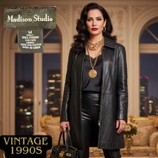 VINTAGE MADISON STUDIO Women's Black Leather Car Coat Full Zip M Super Soft