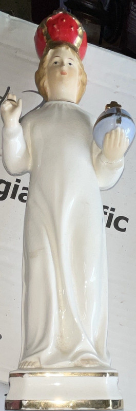 Lebo Ceramic Religious Figurine Glossy White Gold Trim Red Blue Accents