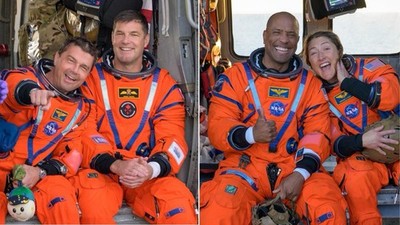 The crew of NASA's Artemis II mission shortly after their successful landing