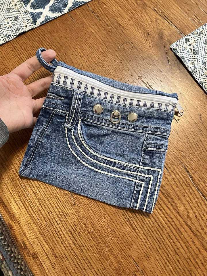 Grunge Makeup Bag Zippered Pouch Denim Upcycled Jeans Hippie Boho Moto Biker - Изображение 2 из 4