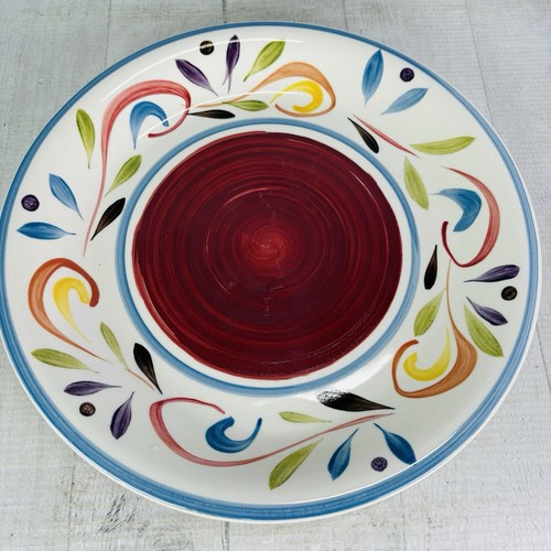 Gibson GARDINO ROSSO Scroll Leaves Dots Red Center Stoneware Dinner Plates Set 4 - Picture 8 of 19