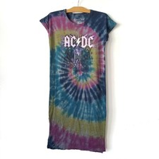 Dreamr AC/DC T-Shirt Dress Womens XS Side Slits Midi Tiedye Dolman Short Sleeve 