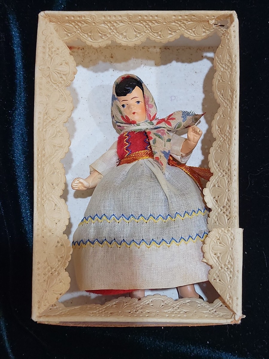 ANTIQUE MINIATURE GERMAN INCH COMPOSITION DOLL in Original Box