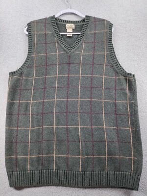 LL Bean Men's Sweater Vest Green Size L Tall Sleeveless Plaid V