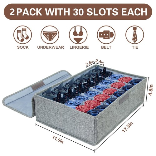Gray Sock Organizer Divider 2 Pack with Lid - 30 Cell Foldable Closet Storage... - Picture 2 of 8