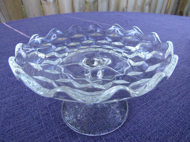 Adorable Small Vintage Clear Glass Dessert Pedestal Stand Scalloped Edge