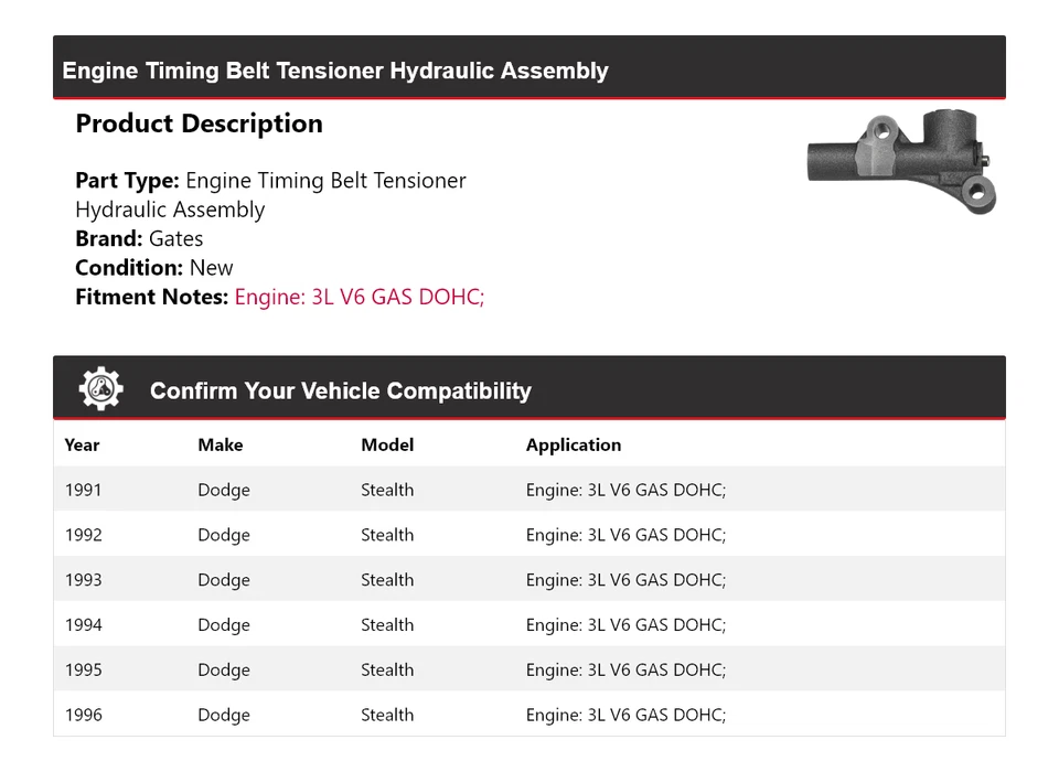 For 1991-1996 Dodge Stealth Engine Timing Belt Tensioner Hydraulic Assy Gates - Image 2 of 4