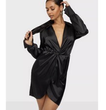Fashion nova black satin twist long sleeve mini dress