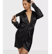 Fashion nova black satin twist long sleeve mini dress