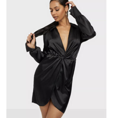 Fashion nova black satin twist long sleeve mini dress