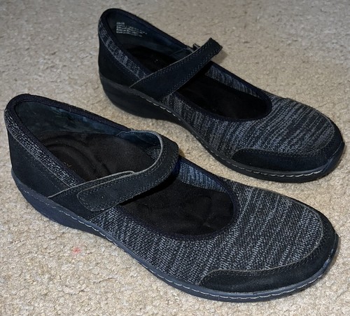 Aetrex Mina Black Leather and Knit Mary Jane Shoes Womens 10 Adjustable Strap | eBay