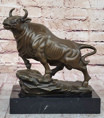 100% Sold Bronze Heavy Bull Cow on The Rock Marble Base Sculpture Figure Sale