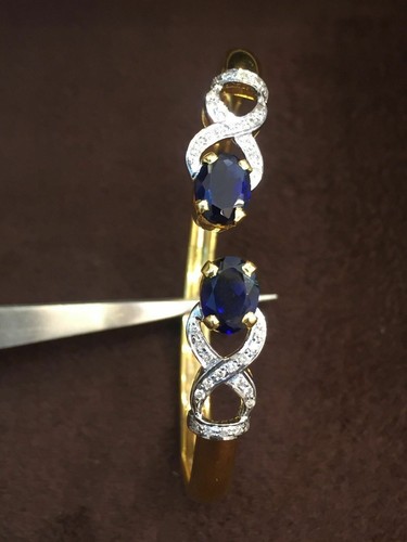 Pave 4.32 Cts Round Brilliant Cut Diamonds Blue Sapphire Cuff Bracelet 14K Gold - Picture 8 of 9