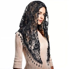 Black Veils for WomenCatholic Veil Elegant Black Lace Rose Pattern Triangle S...