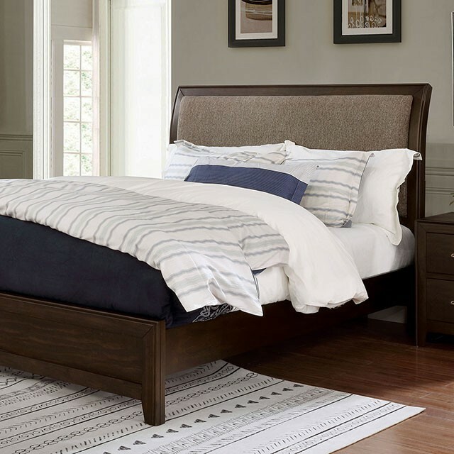Transitional Queen Size Bed 1pc Bedframe Curved Hb Brown Fabric Headboard For Sale Online