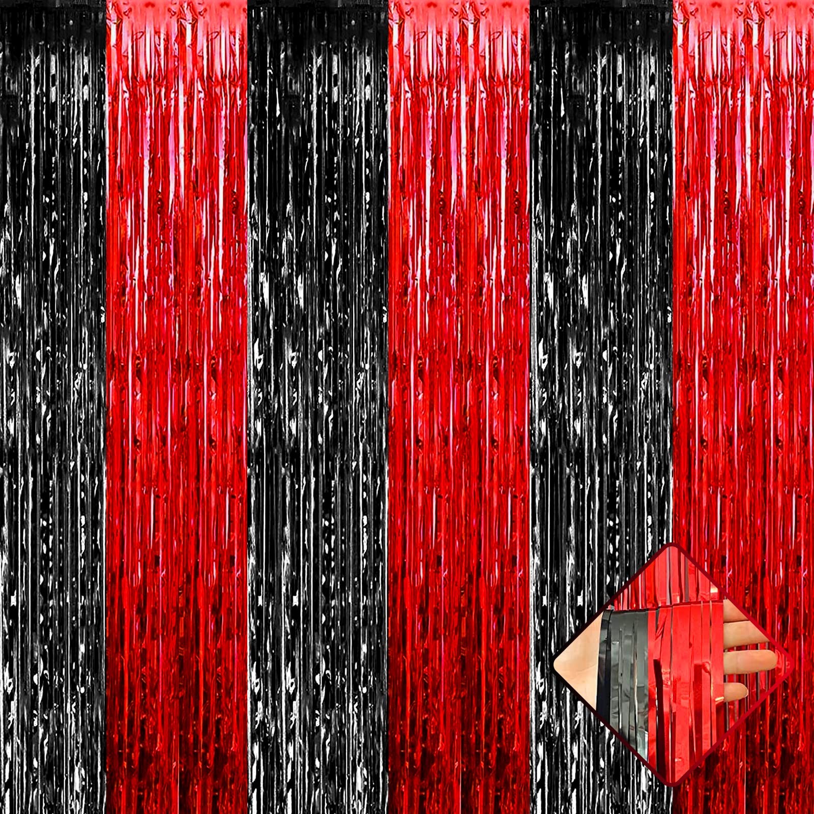 4 Pack 3.2Ft x 8.2Ft Black Red Foil Fringe Curtain Backdrop, Metallic Tinsel ...