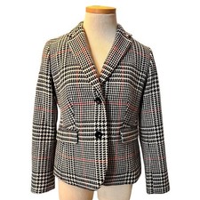 Talbots Wool Blend Houndstooth Plaid Blazer SZ 4 Black White Red Classic Preppy