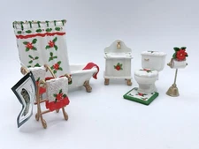 Collections Etc Poinsettia Bathroom Set Mini Dollhouse Furniture Toilet Bath New