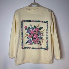 VTG 90s Floral Graphic Mock Turtleneck Butter Cream Yellow Sweatshirt Top Small