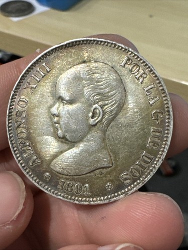 Spain 5 PESETAS 1891 SILVER .900 Alfonso XIII (23090) - Picture 1 of 2