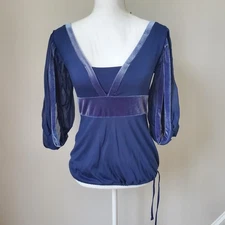 Moda International Y2K Blue Velvet Silk Blend Goth Princess Underbra Blouse Sz S